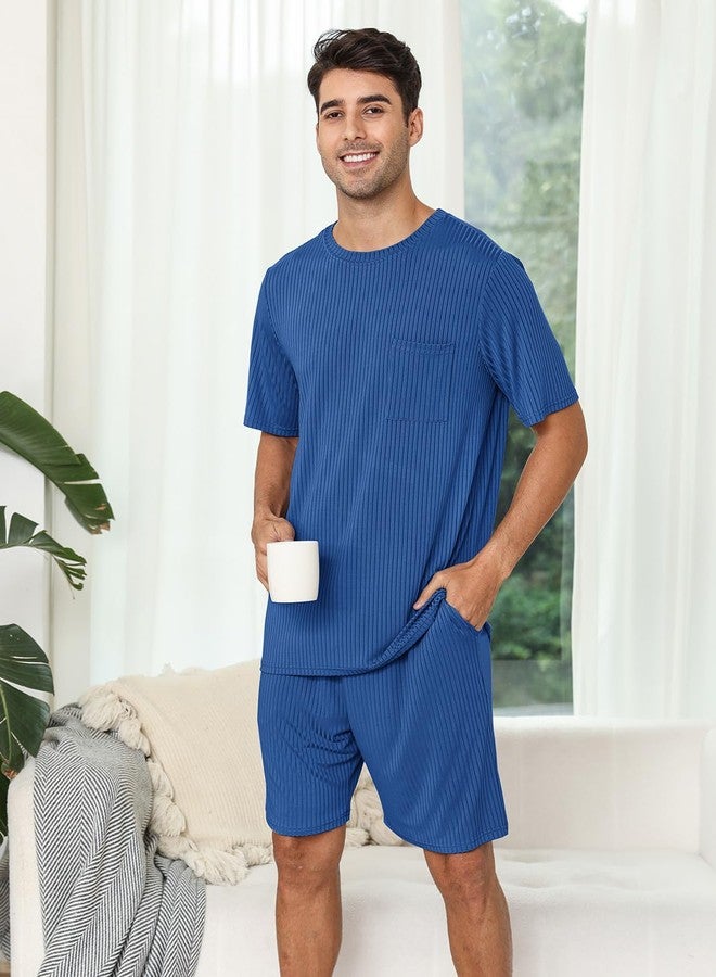 EISHOPEER Mens Pajama Set Kint Ribbed Sleepwear Nightwear Soft Short Sleeve Crew-Neck Pjs Sleep Set With Pockets Peacock BlueLarge - Image 4